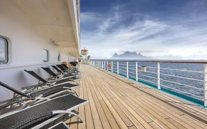 Promenade deck aboard MS AMADEA, with sun loungers and wide-open sea views