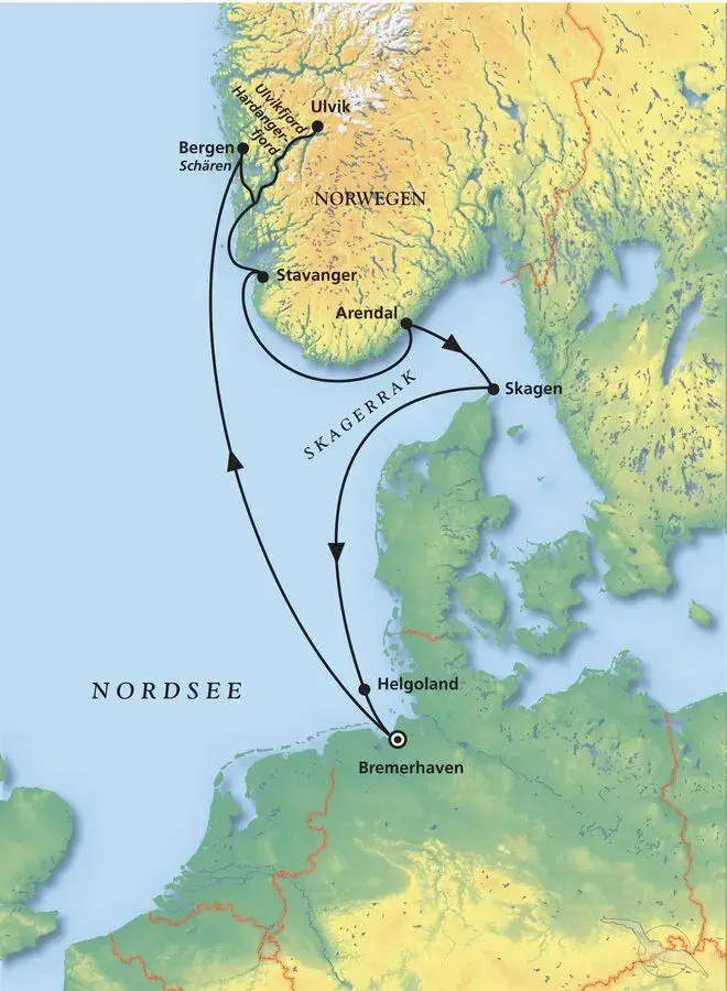 Blues Cruise 2027 route map from Bremerhaven via Bergen, Ulvik, Stavanger, Arendal and Skagen to Heligoland